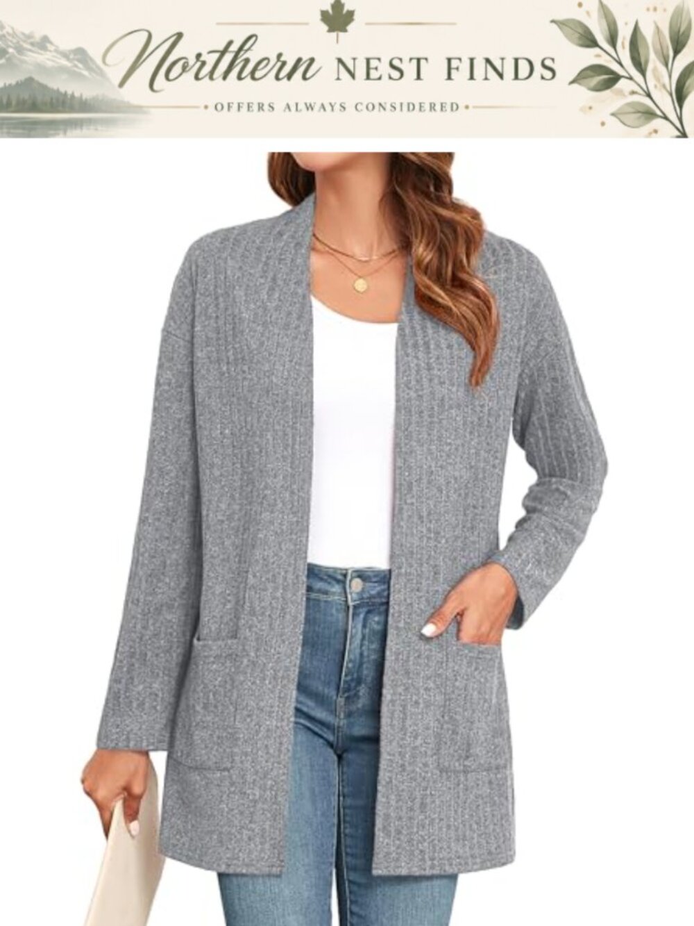 Lightweight Ribbed Knit Open Front Cardigan with Pockets Long Sleeve
